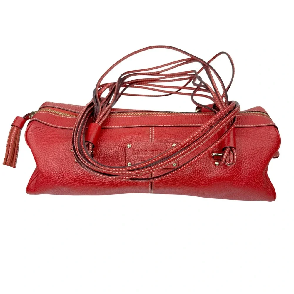 Y2K Kate Spade Barrel Bag‎ Satchel Red Pebbled Leather Tassel Polka Dot Lining